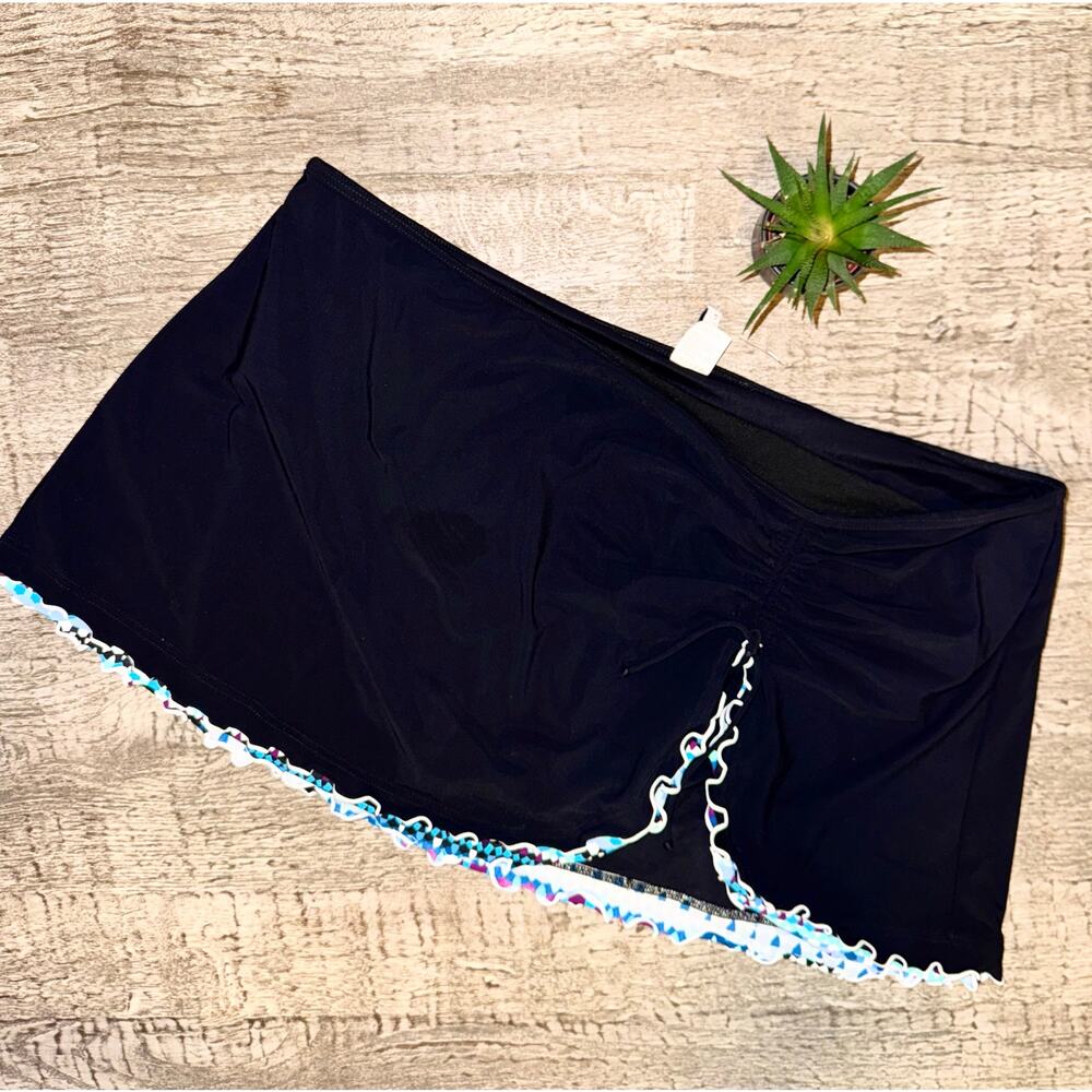 Gottex 16W Black Ruffle Trim Swim Skirt Plus Size High Waist Skort Flirty Retro‎
